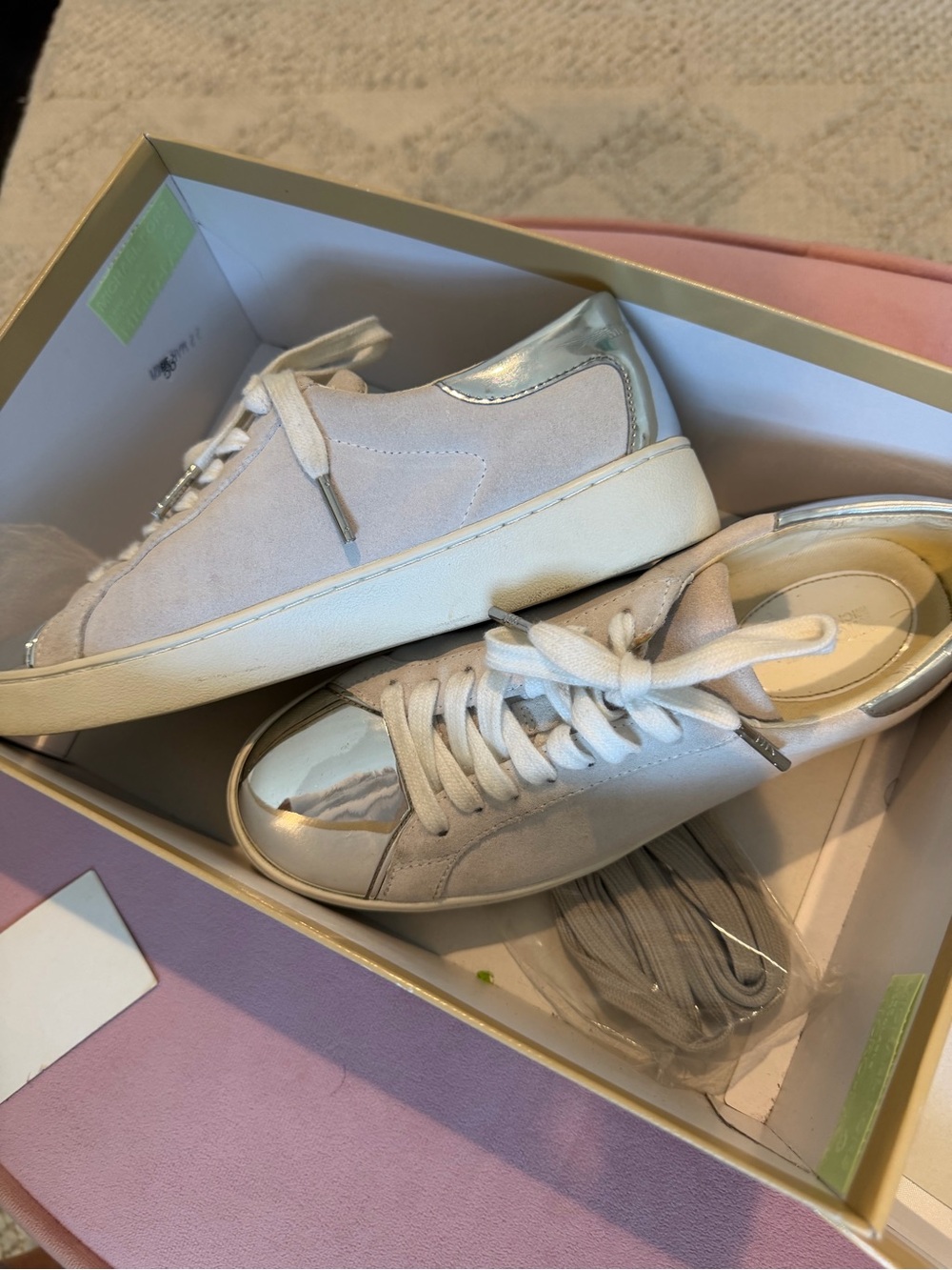 Michael Kors White Suede Sneakers with Silver Metallic Trim